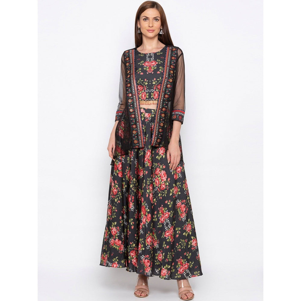 Soup by Sougat Paul Black Floral Printed Crop Top With Flared Pants And Jacket (Set of 3)