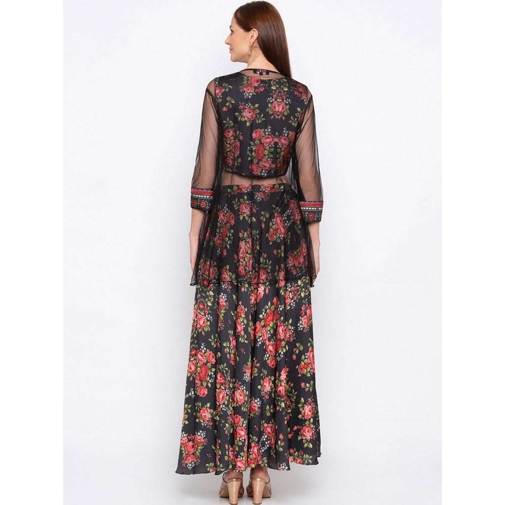 Soup by Sougat Paul Black Floral Printed Crop Top With Flared Pants And Jacket (Set of 3)