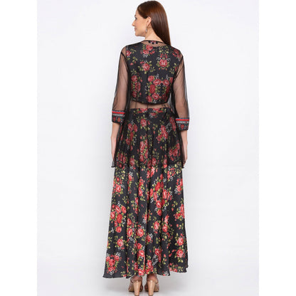 Soup by Sougat Paul Black Floral Printed Crop Top With Flared Pants And Jacket (Set of 3)
