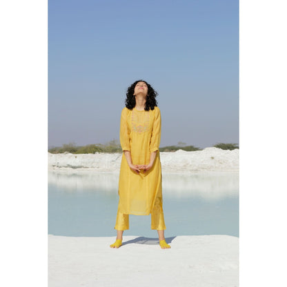 Tatwa Designs Mustard Yellow Lovebirds Kurta (Set of 3)