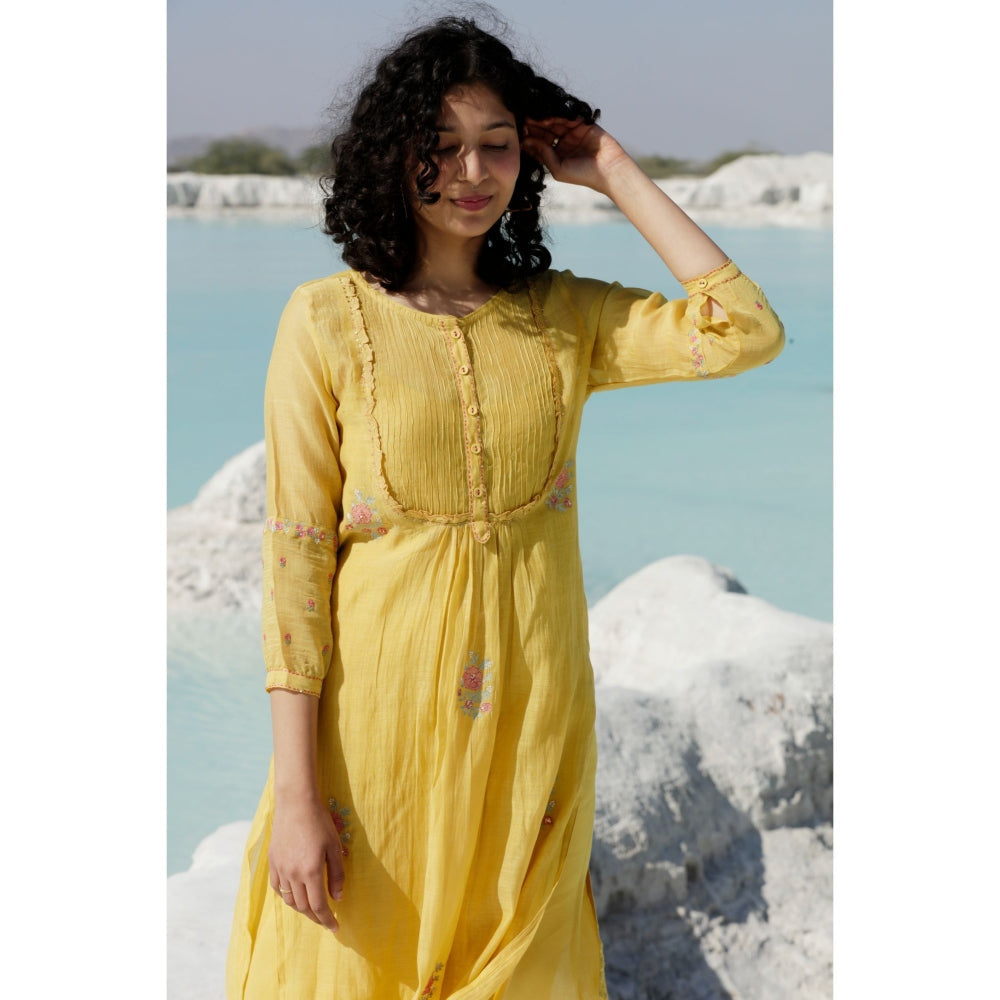 Tatwa Designs Mustard Yellow Yoke Pintuck Kurta (Set of 3)