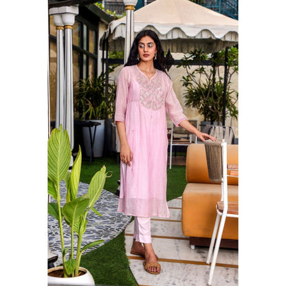 Tatwa Designs Pink Yoke Jaal Kurta (Set of 3)