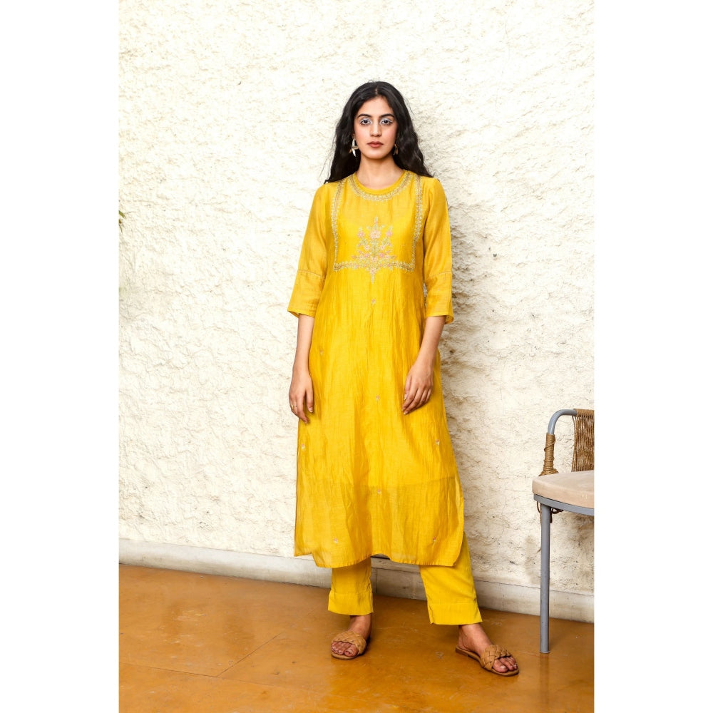 Tatwa Designs Mustard Yoke Bouquet Kurta (Set of 3)