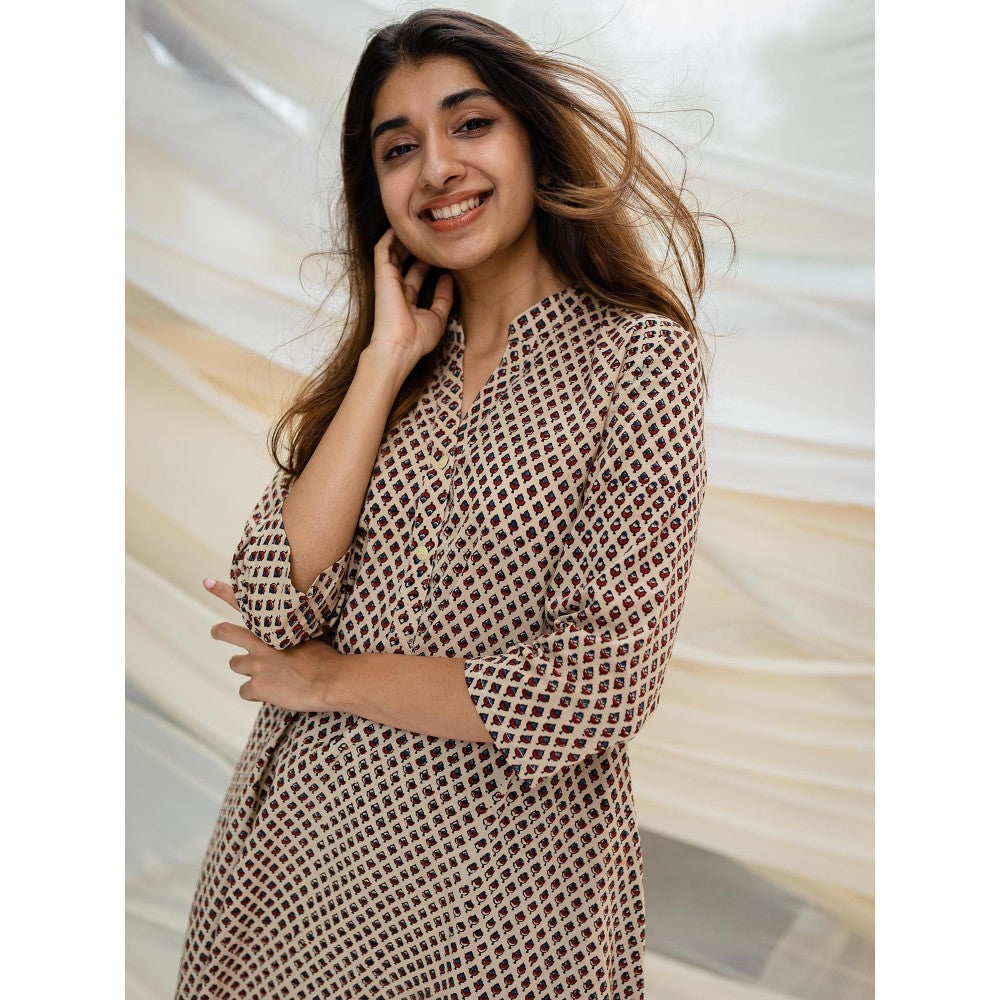 The Indian Ethnic Co. Ajrakh Beige Cotton Kurta