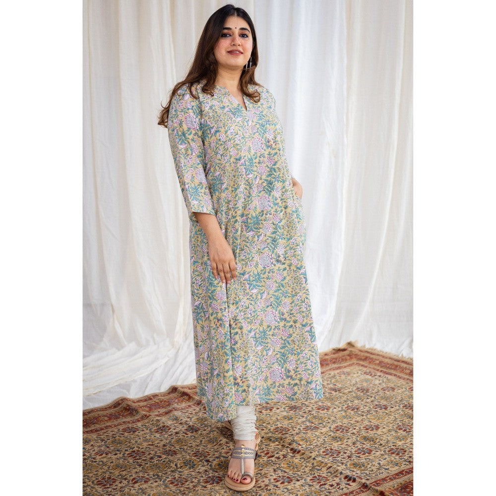 The Indian Ethnic Co. Sanganeri Yellow Cotton Kurta