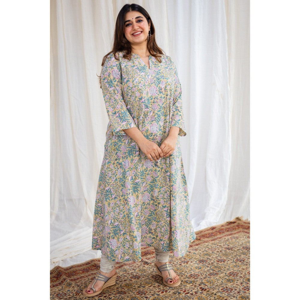 The Indian Ethnic Co. Sanganeri Yellow Cotton Kurta