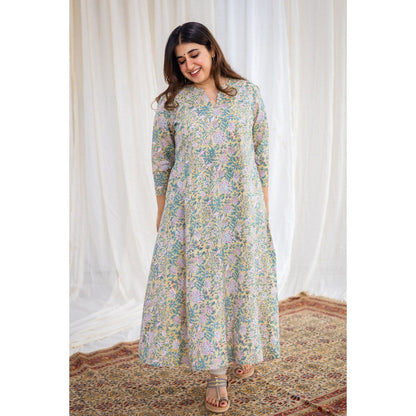 The Indian Ethnic Co. Sanganeri Yellow Cotton Kurta
