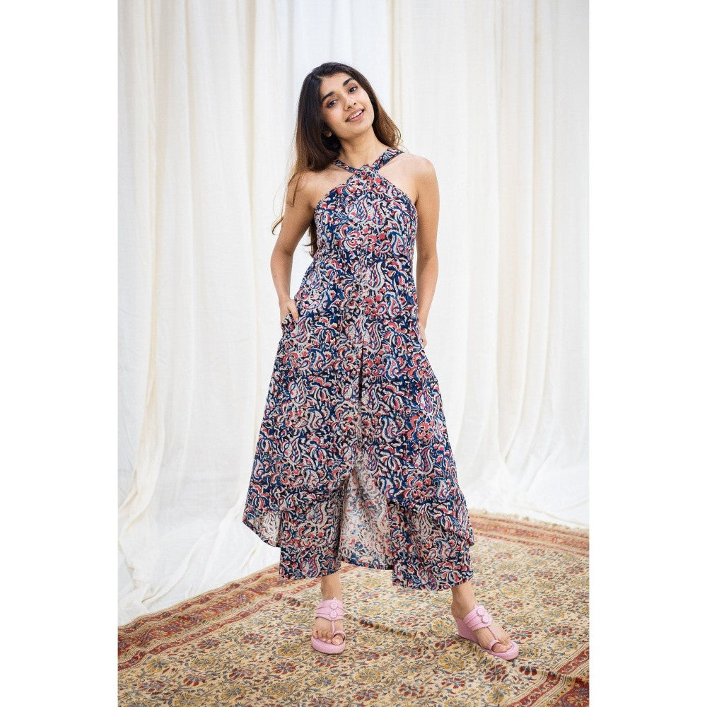 The Indian Ethnic Co. Kalamkari Black Cotton Halter Neck Kurta+ bottom