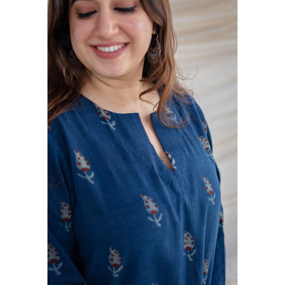 The Indian Ethnic Co. Slub Cotton Indigo Short Tunic