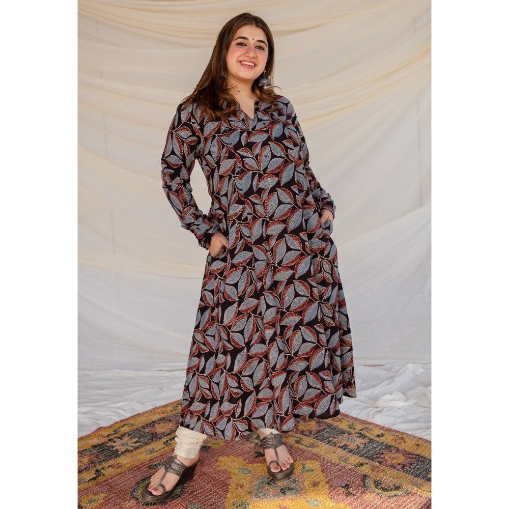The Indian Ethnic Co. Black Ajrakh Cotton Kali Kurta