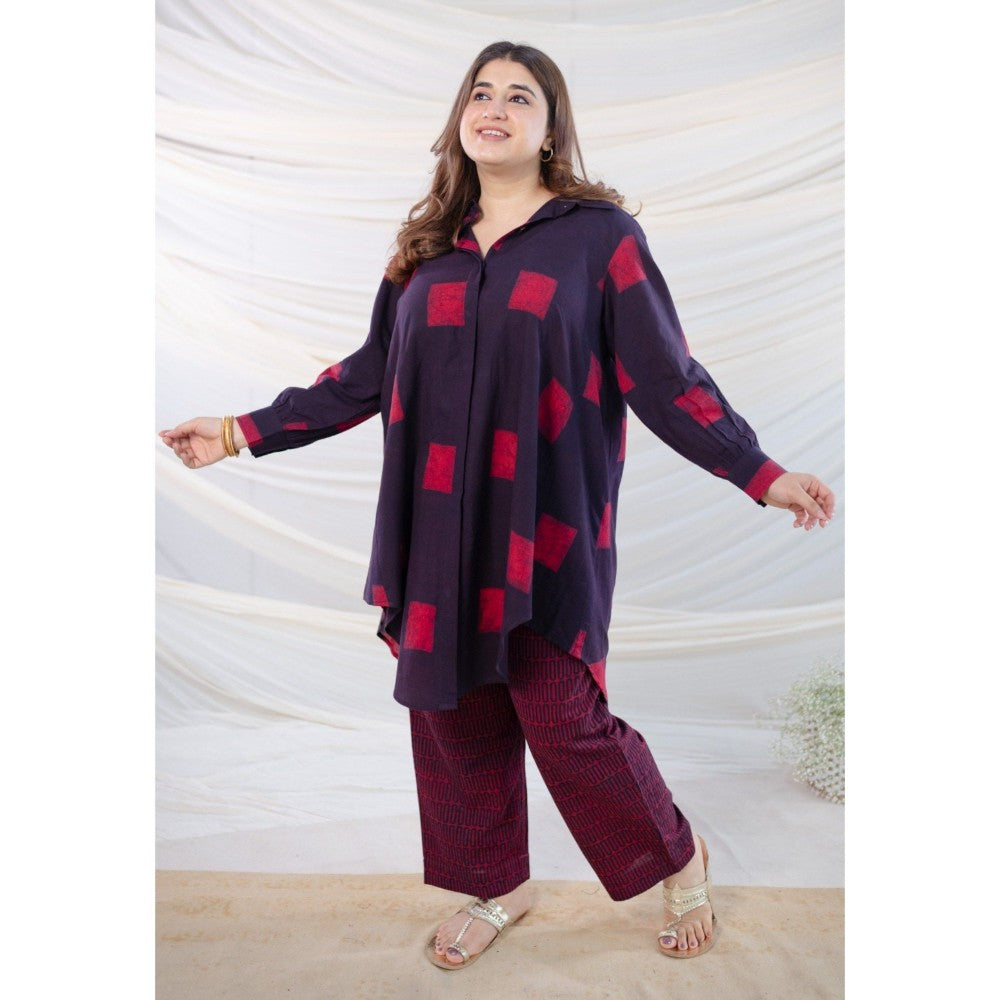 The Indian Ethnic Co. Wine Dabu Cotton Shirt With Co-Ord Set
