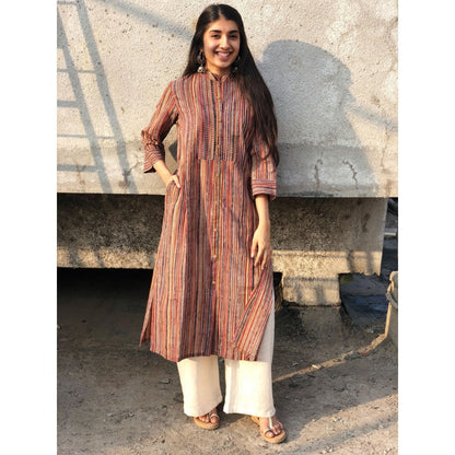 The Indian Ethnic Co. Kalamkari Striped Threaded Cotton Kurta