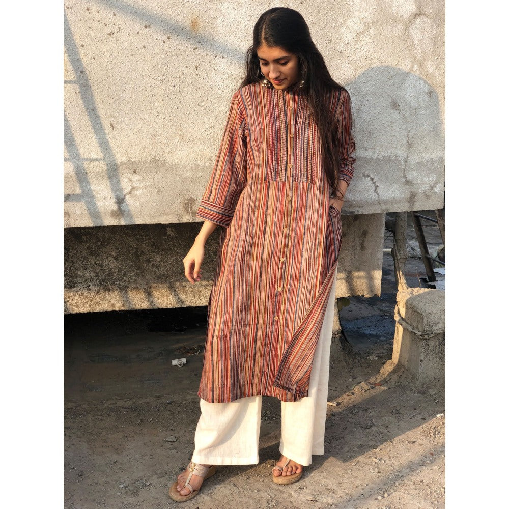 The Indian Ethnic Co. Kalamkari Striped Threaded Cotton Kurta