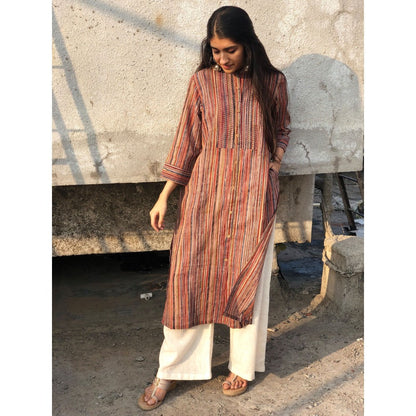 The Indian Ethnic Co. Kalamkari Striped Threaded Cotton Kurta