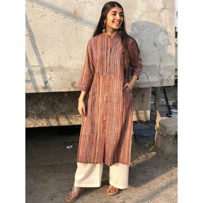 The Indian Ethnic Co. Kalamkari Striped Threaded Cotton Kurta