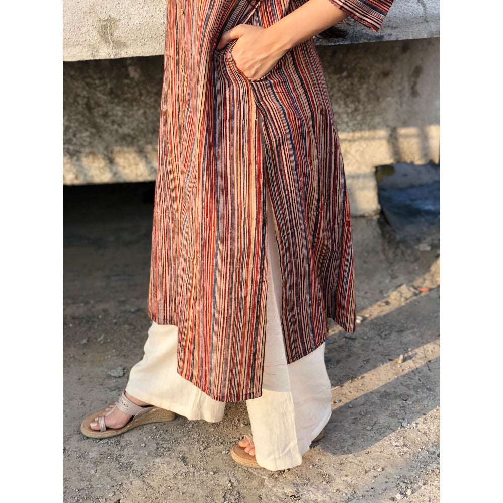 The Indian Ethnic Co. Kalamkari Striped Threaded Cotton Kurta