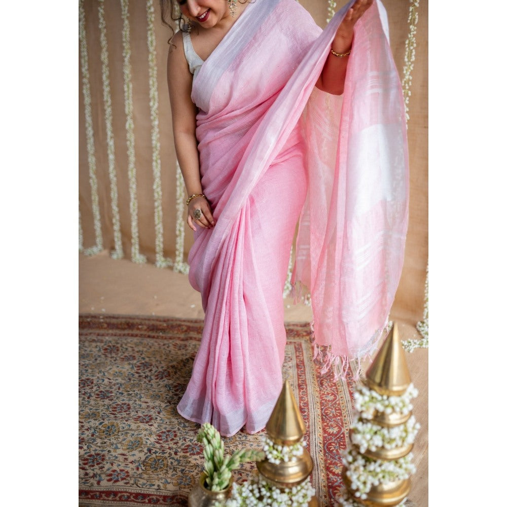 The Indian Ethnic Co. Pink Linen Silver Zari Border Saree & Unstitched Blouse with Mukaish Detailing
