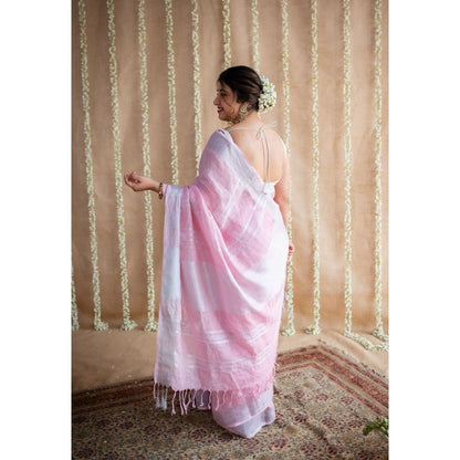 The Indian Ethnic Co. Pink Linen Silver Zari Border Saree & Unstitched Blouse with Mukaish Detailing