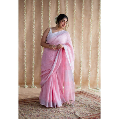 The Indian Ethnic Co. Pink Linen Silver Zari Border Saree & Unstitched Blouse with Mukaish Detailing