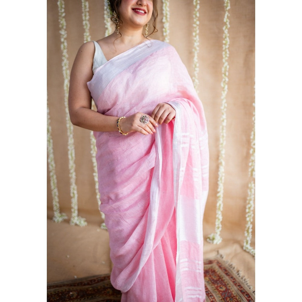 The Indian Ethnic Co. Pink Linen Silver Zari Border Saree & Unstitched Blouse with Mukaish Detailing