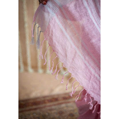 The Indian Ethnic Co. Pink Linen Silver Zari Border Saree & Unstitched Blouse with Mukaish Detailing