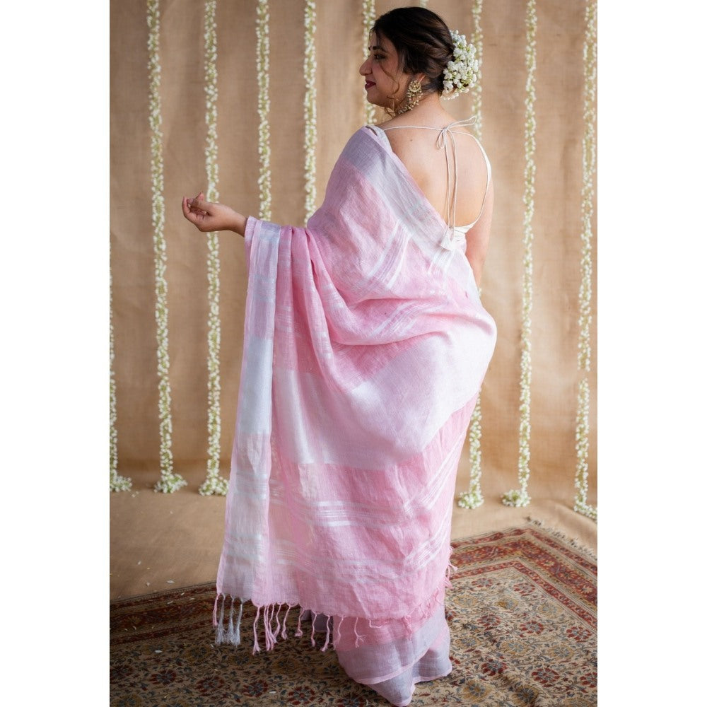 The Indian Ethnic Co. Pink Linen Silver Zari Border Saree & Unstitched Blouse with Mukaish Detailing