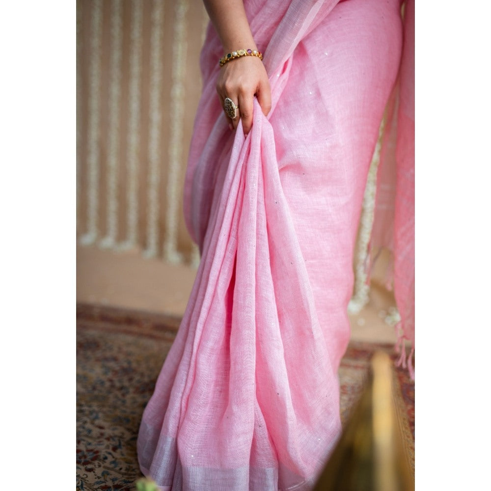 The Indian Ethnic Co. Pink Linen Silver Zari Border Saree & Unstitched Blouse with Mukaish Detailing