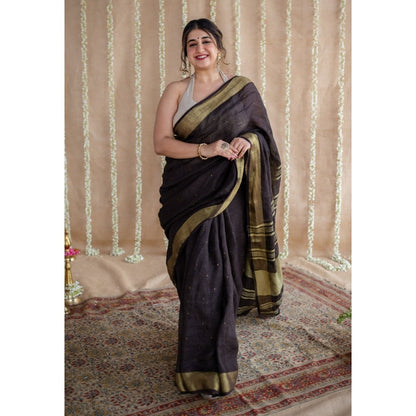The Indian Ethnic Co. Black Golden Zari Border Saree & Unstitched with Mukaish Detailing