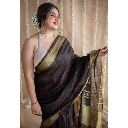 The Indian Ethnic Co. Black Golden Zari Border Saree & Unstitched with Mukaish Detailing