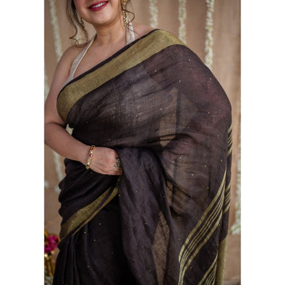 The Indian Ethnic Co. Black Golden Zari Border Saree & Unstitched with Mukaish Detailing