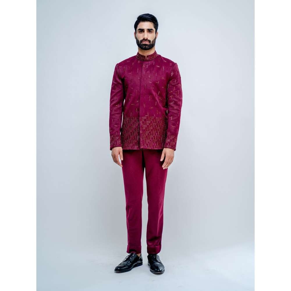 Varun Chakkilam Maroon Dispersed Bandhgala with Pant (Set of 2)