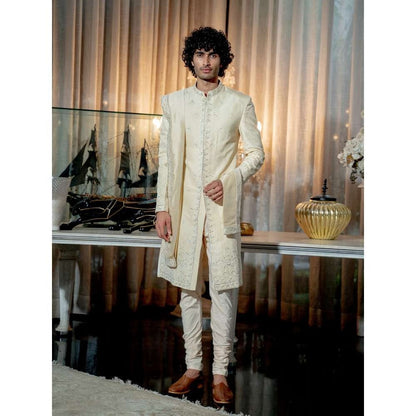 Varun Chakkilam Ivory Paper Gold Beige Sherwani With Pant and Dupatta (Set of 3)