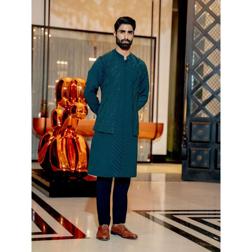Varun Chakkilam Emerald Teal Kurta with Open Jacket and Pant (Set of 3)