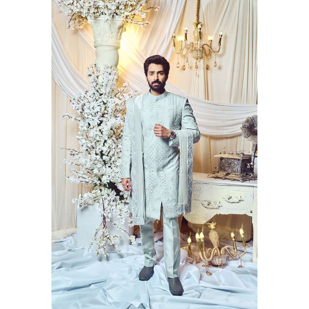 Varun Chakkilam Silver Charm Deco Sherwani and Trouser (Set of 2)