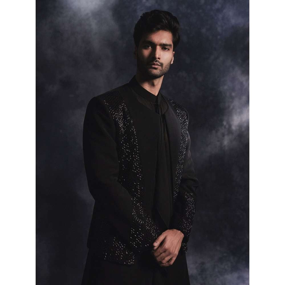 Varun Chakkilam Ebony Black Metallic Open Jacket and Kurta with Trouser (Set of 3)