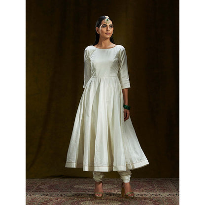 WeaverStory Offwhite Pure Silk Anarkali With Churidar (Set of 2)