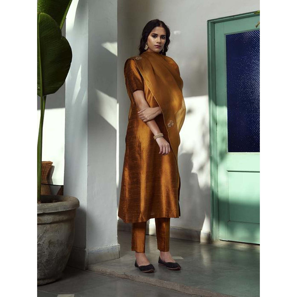 WeaverStory Embroidered Raw Silk Suit In Golden Mustard Color With Embroidery (Set of 3)