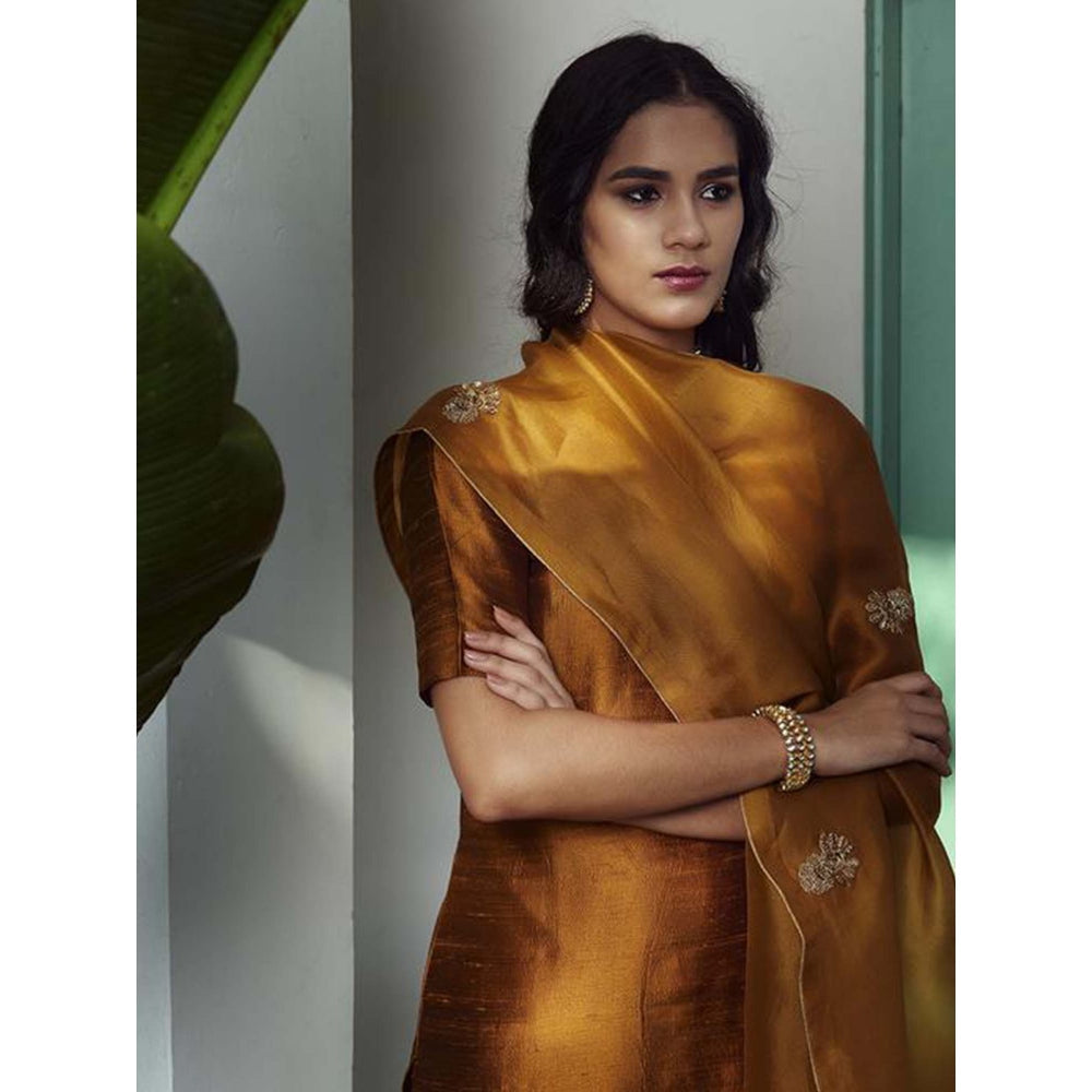WeaverStory Embroidered Raw Silk Suit In Golden Mustard Color With Embroidery (Set of 3)