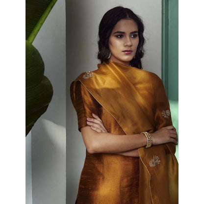 WeaverStory Embroidered Raw Silk Suit In Golden Mustard Color With Embroidery (Set of 3)