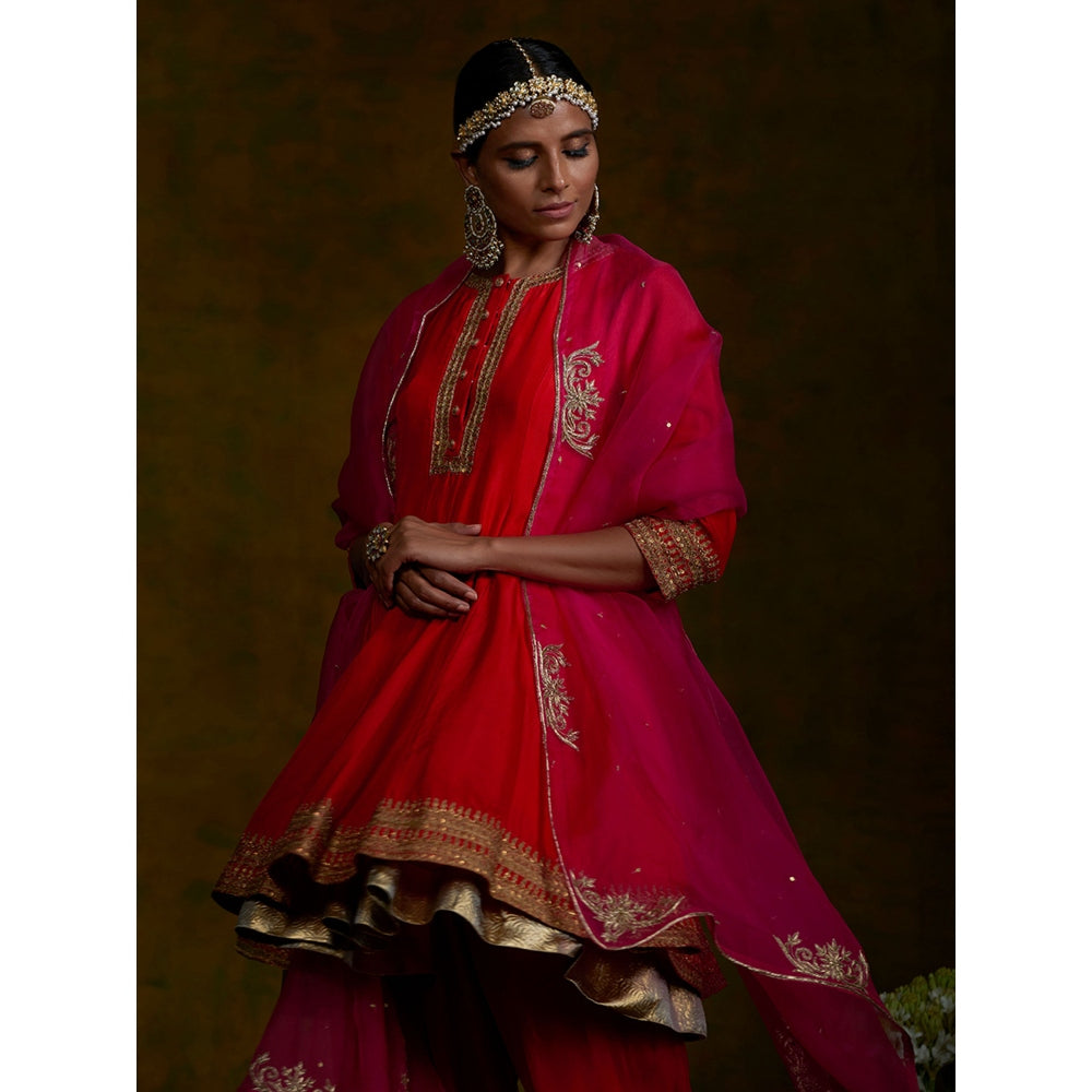 WeaverStory Red Short Gherdar And Salwar Set With Pink Embroidered Dupatta (Set of 3)