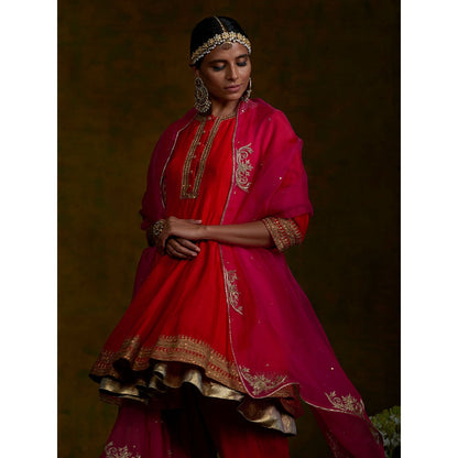 WeaverStory Red Short Gherdar And Salwar Set With Pink Embroidered Dupatta (Set of 3)