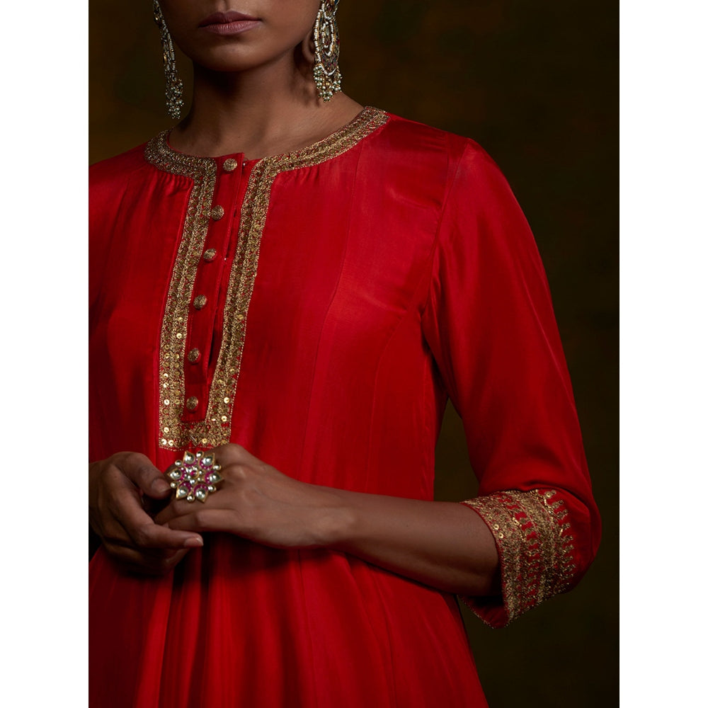 WeaverStory Red Short Gherdar And Salwar Set With Pink Embroidered Dupatta (Set of 3)