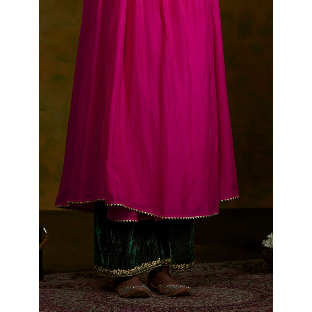 WeaverStory Pink Silk Zardozi Work Angrakha With Green Dupatta (Set of 3)