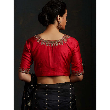 WeaverStory Red Blouse with Big Boota On Sleeves and Neck Embroidery