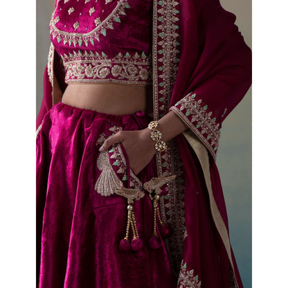 WeaverStory Fuchsia Pure Velvet Zardozi Lehenga with Blouse and Organza Dupatta (Set of 3)