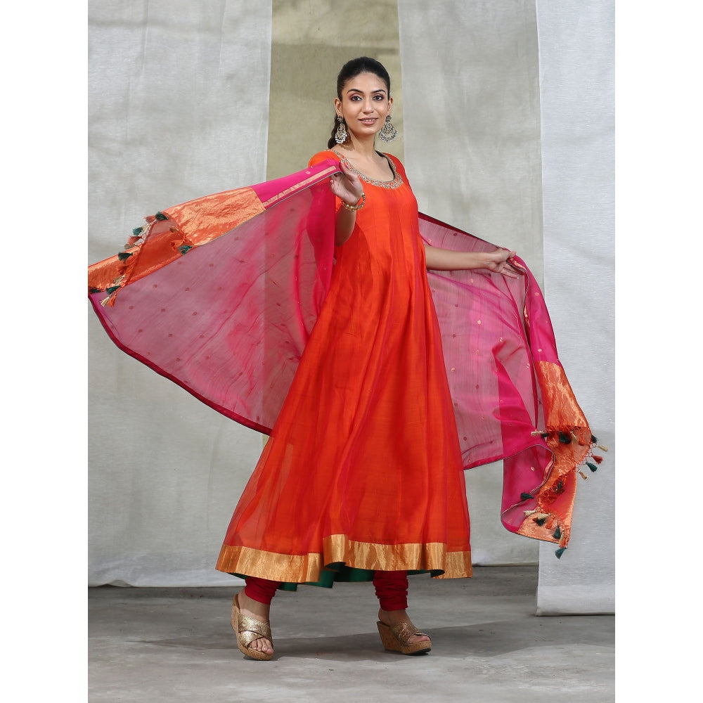 WeaverStory Orange Handloom Anarkali with Churidar and Embroidered Dupatta (Set of 3)
