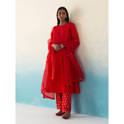 WeaverStory Gulaab Red Pure Silk Kurta and Banarasi Gold Zari Boota Pant and Dupatta (Set of 3)