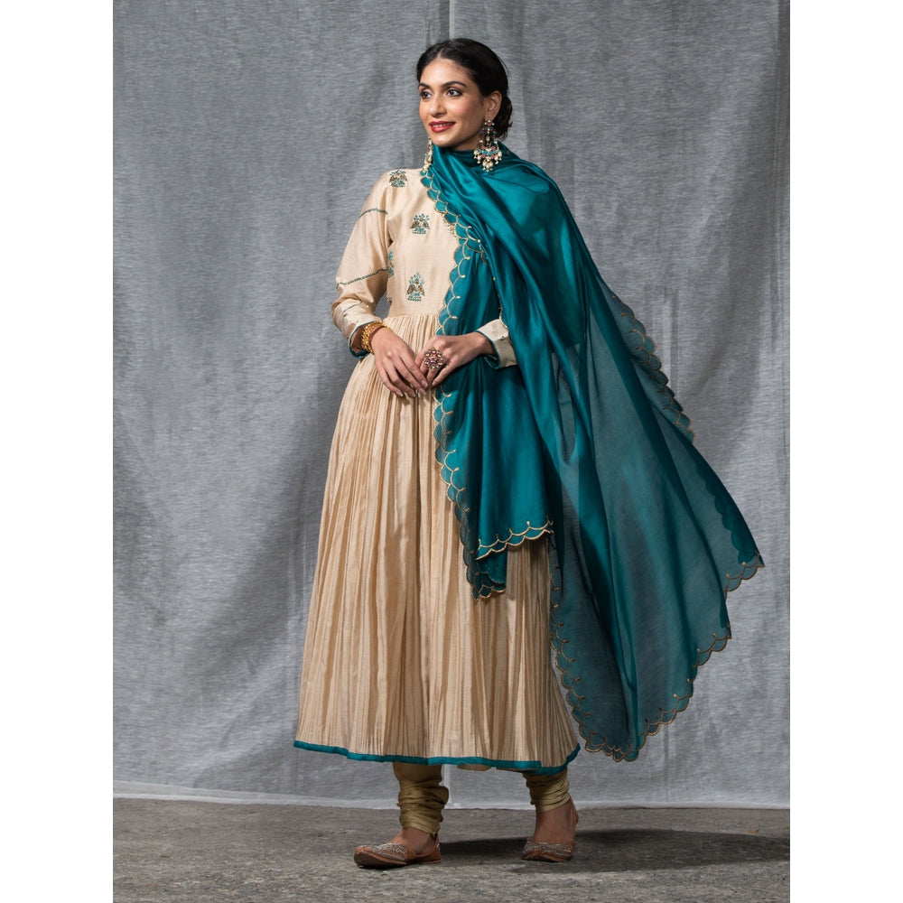 WeaverStory Beige Pleated Chanderi Silk Zardozi Kurta with Churidar and Dupatta (Set of 3)
