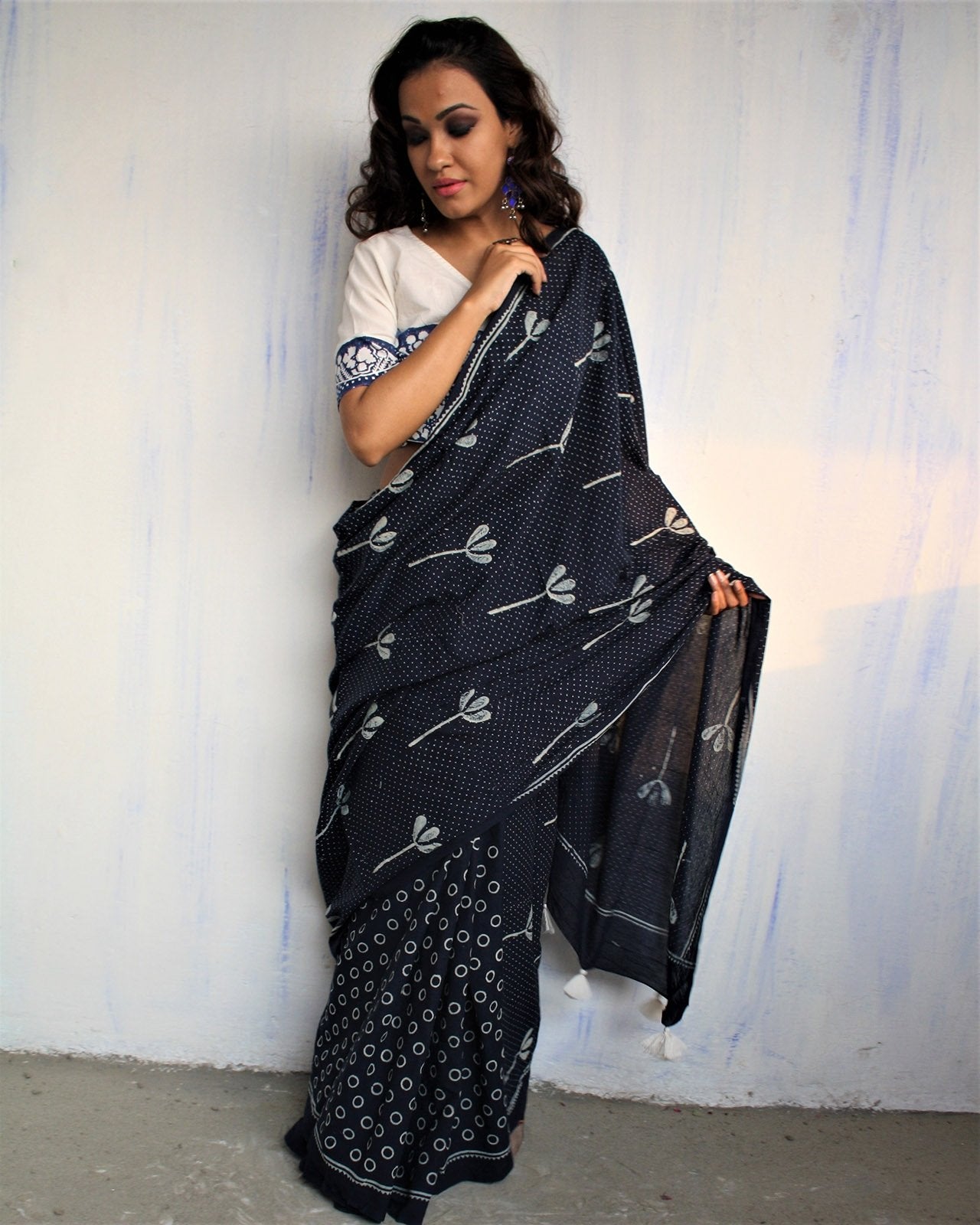 Blue Block Printed Cotton Mul Saree