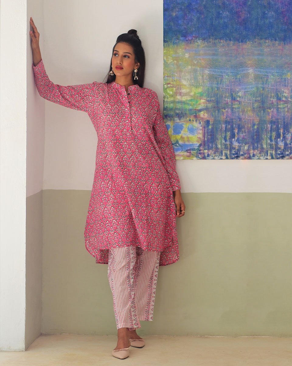 PINK HANDPRINTED COTTON KURTI
